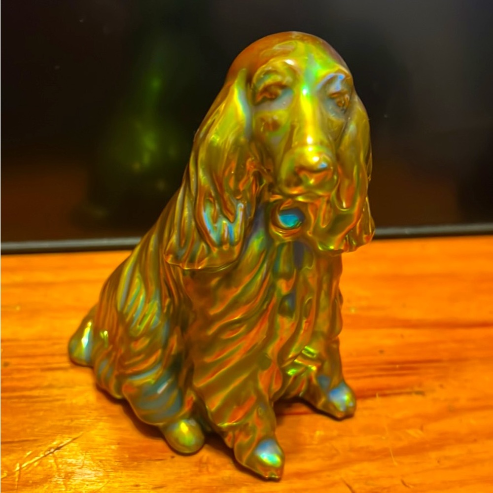 Vintage ZSOLNAY COCKER SPANIEL with EOSIN Green Blue Gold Glaze.